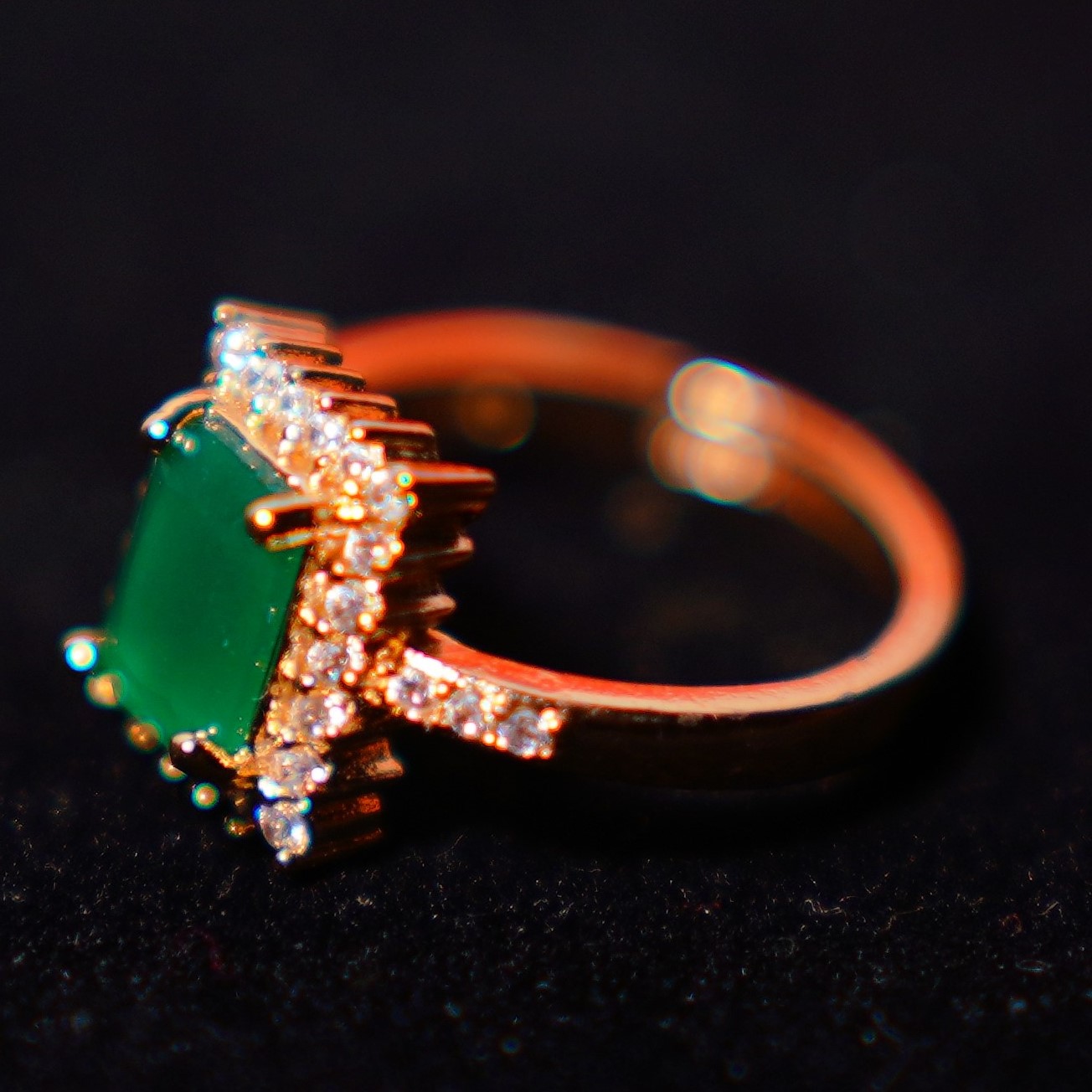 Gold Plated CZ Adjustable Green Ring