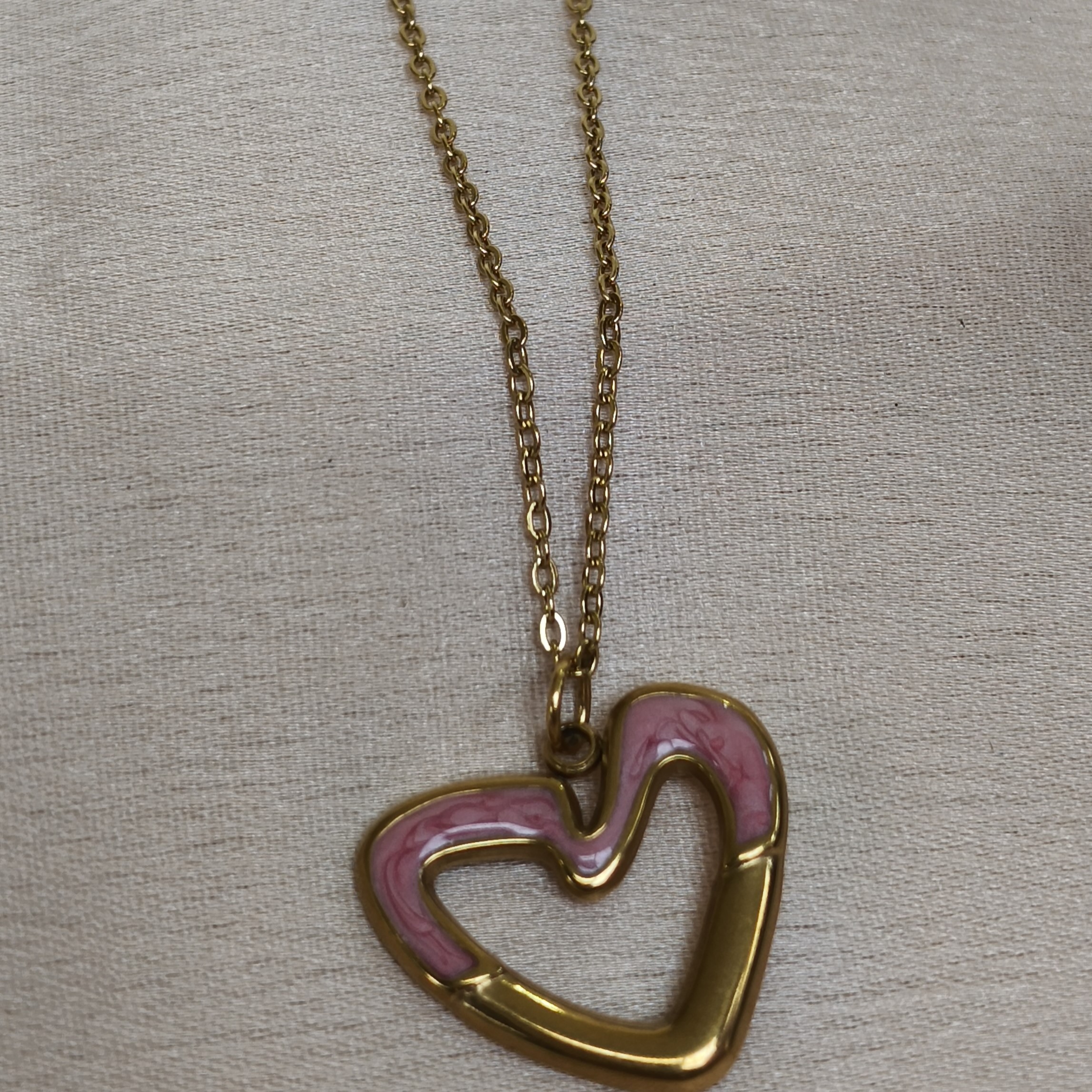 Pink Marble Heart Locket Anti Tarnish Chain