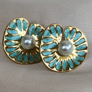 Anti Tarnish Pearl Studded Turquoise Blue Petal Studs